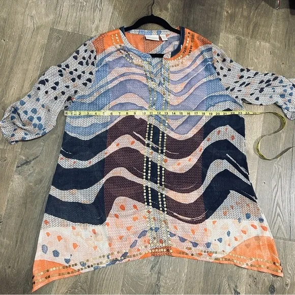 Chico’s large (2) blue/coral blouse with convertible sleeves/gold embellishments - Picture 4 of 5